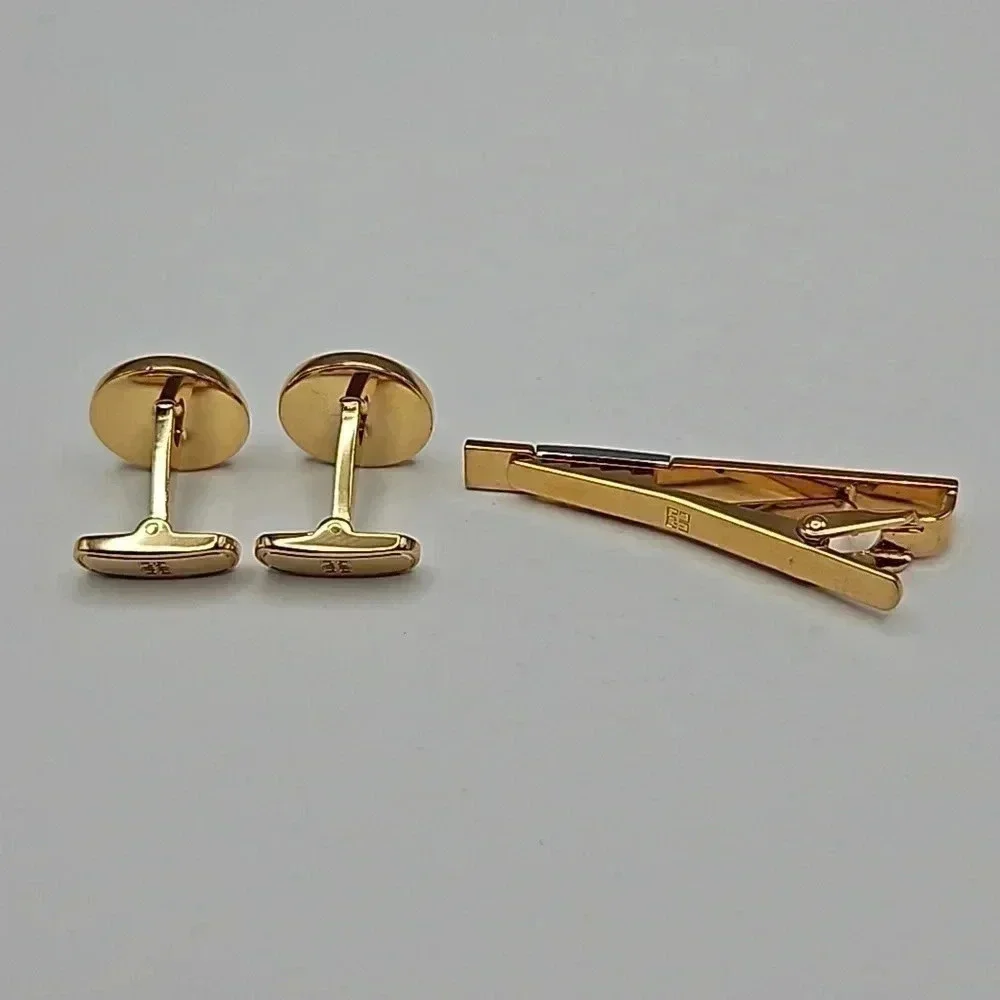 Givenchy Gold Tone Chevron Cufflink and Tie Bar Set